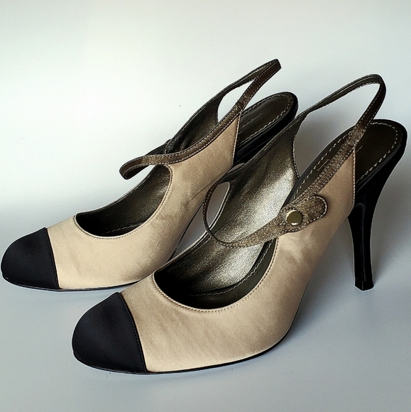 7.5M Linea Paolo Cap Toe Black Beige Olive Green Sling Back Satin Heels Unused - Picture 10 of 10